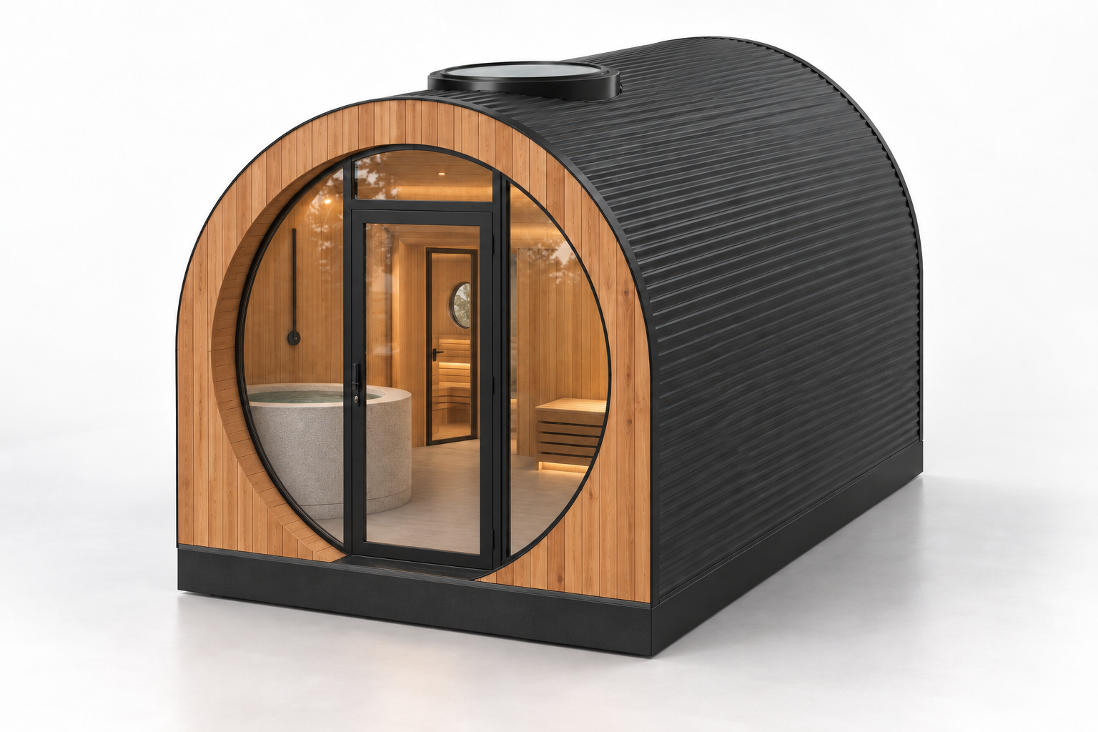 TIDE sauna pavilion with cedar end walls, horizontal dark corrugated metal sides and roof, circular entrance glazing and one optional skylight