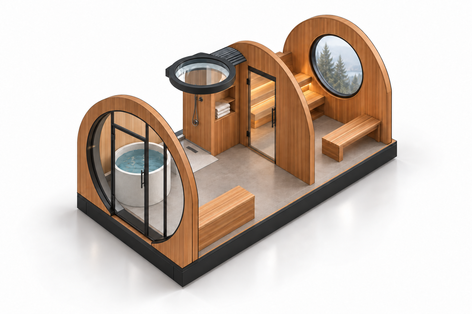 TIDE cutaway showing the front room with optional circular plunge, shower and skylight, compact utility enclosure, and rear sauna with benches on both sides