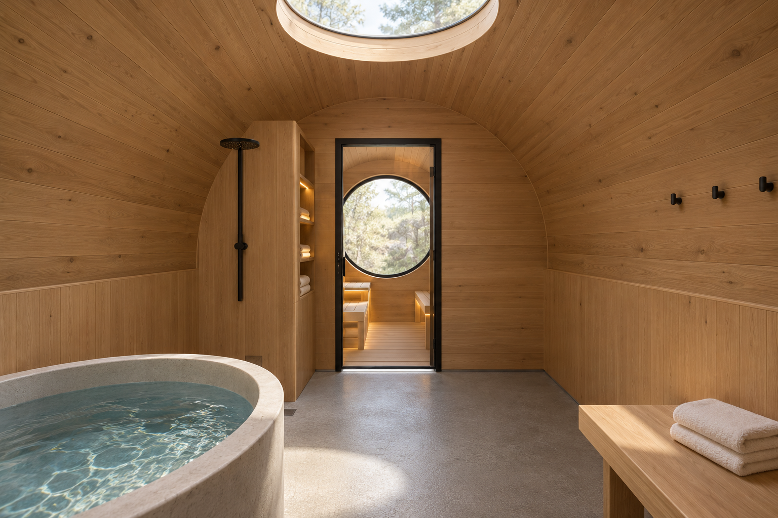 Timber-lined front room with optional cold plunge, shower and circular skylight